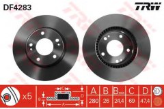 Диск тормозной вентилируемый для HYUNDAI NF V (NF) 2.0 CRDi 2006-2010, код двигателя D4EA, V см3 1991, кВт 103, л.с. 140, Дизель, TRW/Lucas DF4283