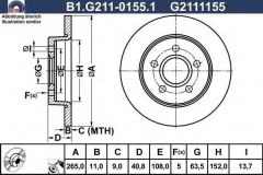 Тормозной диск для FORD FOCUS C-MAX 1.6 TDCi 2003-2007, код двигателя G8DA,G8DB, V см3 1560, КВт80, Л.с.109, Дизель, GALFER B1G21101551