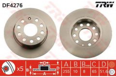 Диск тормозной задний SKODA OCTAVIA (1Z_, 5E_), GOLF V-VI, JETTA IV DF4276 для VW GOLF PLUS (5M1, 521) 1.6 TDI 2009-2013, код двигателя CAYC, V см3 1598, кВт 77, л.с. 105, Дизель, TRW/Lucas DF4276