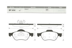 Тормозные колодки дисковые SP1414 для RENAULT MEGANE II седан (LM0/1_) 1.6 16V (LM1R, LM0C) 2006-, код двигателя K4M760,K4M761,K4M812,K4M813, V см3 1598, КВт82, Л.с.112, бензин, Sangsin brake SP1414